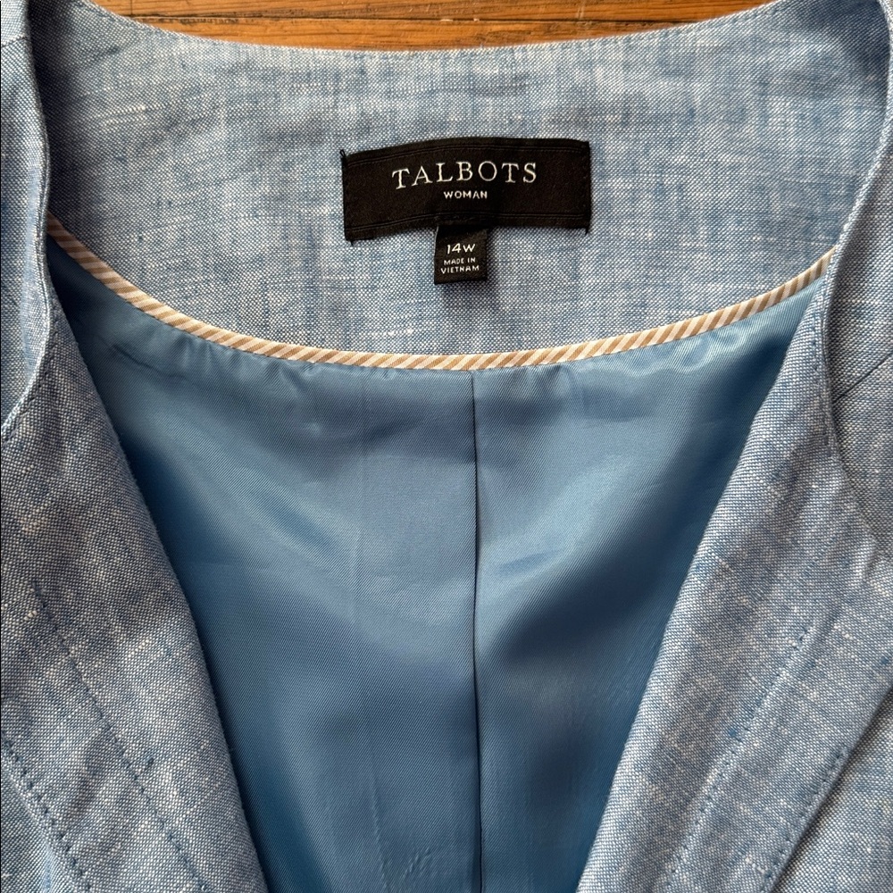 🪻Talbots Woman blue linen open front jacket with 3/4 sleeves. Size 14W. - Picture 3 of 11